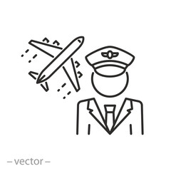 airplane pilot icon, air transportation work, profession fly airplane, uniform airport worker, thin line symbol - editable stroke vector illustration