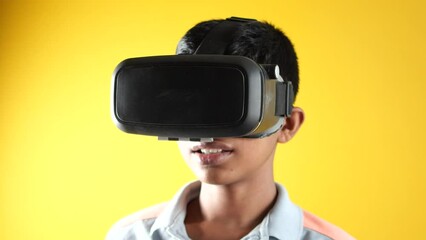  boy wearing virtual reality headset, vr box.