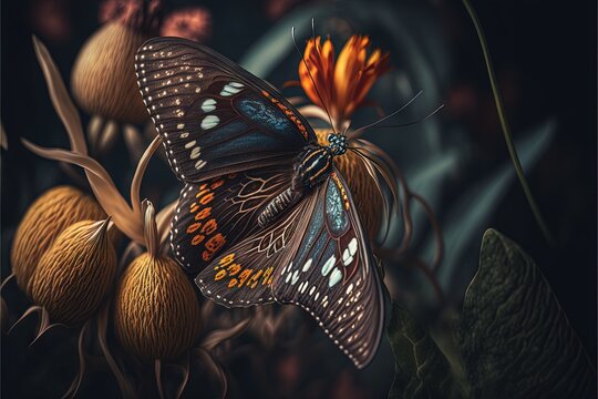  a butterfly with orange and blue wings on a flower with leaves and flowers in the background, with a dark background with a circular design of leaves and a few oran Generative AI