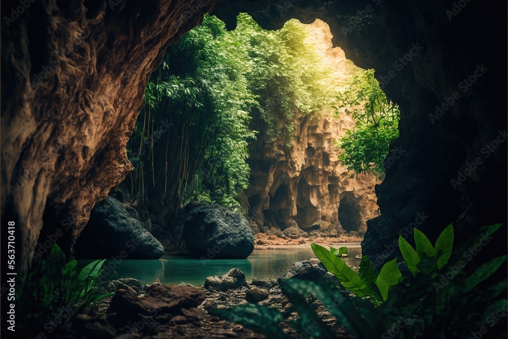 Poster a cave with a river and trees in the background and a light at the end of the cave is a bright light