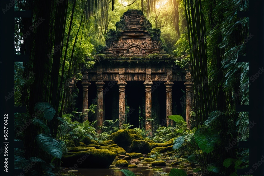 Poster a painting of a temple in the middle of a forest with a pond in front of it and a light shining thro