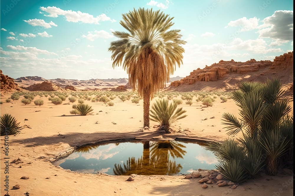 Poster a palm tree is standing in the desert near a small pond of water and rocks and a rock formation is i