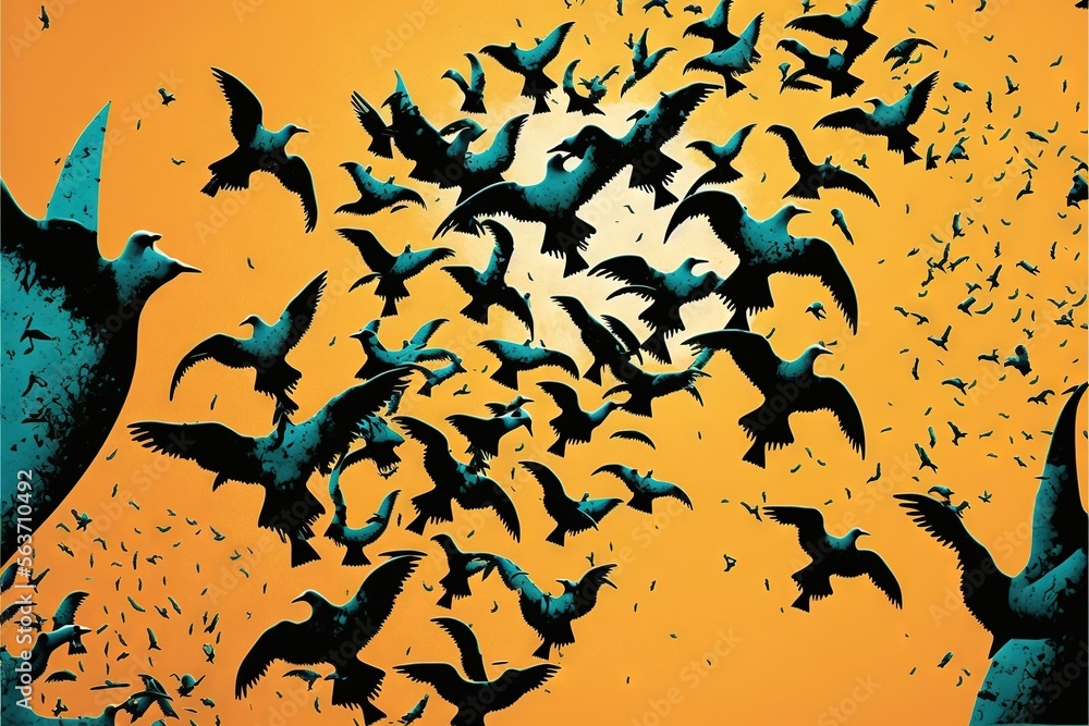 Poster a flock of birds flying over a yellow sky with a sun in the background and a flock of birds flying o