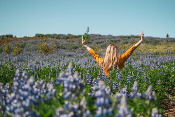 Blond Woman Beautiful Landscape Iceland Atlantic Ocean Sunny Day
