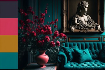 A Room of Timeless Elegance: A Classic Style Sofa and a Vase of Flowers on a Table with a Mindblowing Sculpture Frame