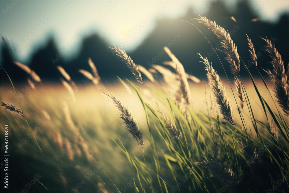 Poster  a field of tall grass with trees in the background and a sunbeam in the foreground with a blurry sky in the background and a blurry photo of the grass is a. , AI Generative AI