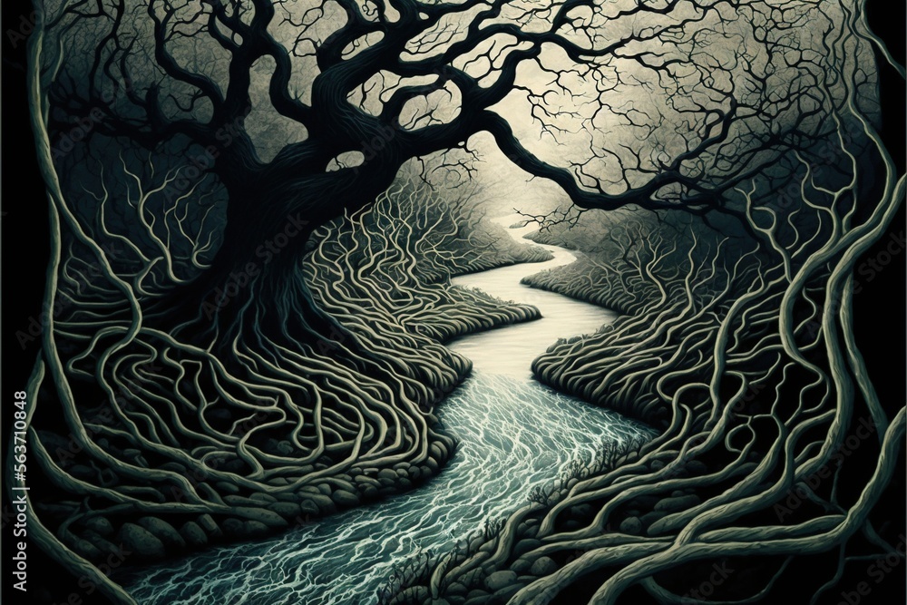 Poster a painting of a river running through a forest with a tree in the middle of it and a moon in the sky