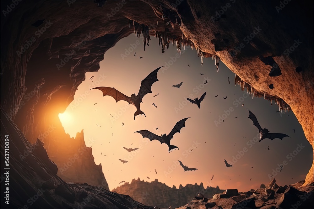 Aufkleber a group of bats flying in a cave at sunset or dawn with a light shining on them and a mountain in th