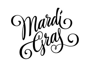 Beautiful calligraphy style lettering inscription - Mardi Gras - in playful, yet sophisticated font. The design surrounded by a flourish of intricate lines. Isolated vector typography design element.