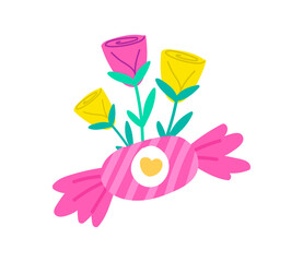 Rose flowers bouquet and pink candy gift. Love and romantic. Illustration in cartoon sticker design