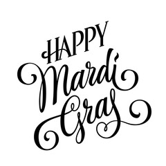 A modern and elegant calligraphy logo featuring the words - Happy Mardi Gras - in playful script lettering style. This isolated vector typography element. Beautiful flourishes inscription © Olga