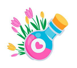Love potion in bottle and tulips flowers. Romantic magic spell. Illustration in cartoon sticker design
