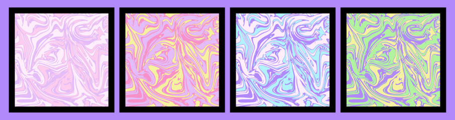 Abstract marble pattern set. Trendy psychedelic background. Retro style. Epoxy resins texture. Mix of acrylic paints. Fluid art.