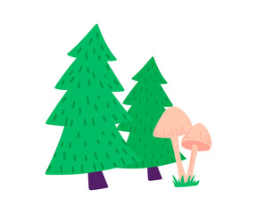 Spruces and pines trees and mushrooms. Evergreen forest nature. Illustration in cartoon sticker design