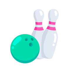 Bowling ball and skittles. Sports game and competition. Illustration in cartoon sticker design