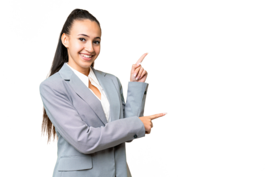 Young Arabian woman over isolated chroma key background pointing finger to the side and presenting a product