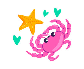 Pink crab with cute smiling face and starfish. Summer vacation. Illustration in cartoon sticker design