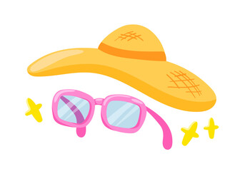 Straw hat and pink sunglasses for beach. Summer vacation. Illustration in cartoon sticker design