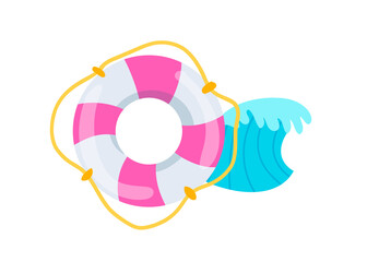 Pink lifebuoy and high wave of ocean or sea. Summer vacation. Illustration in cartoon sticker design