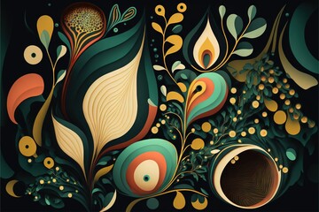  a painting of a peacock with a black background and a green background with gold, orange, and blue feathers and a green plant with yellow leaves and yellow dots on the bottom of the. Generative AI