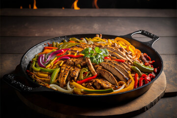 A sizzling skillet of fajitas with a rainbow of peppers, onions, and juicy chicken or beef. The scene could be a lively backyard barbecue with friends and family gathered around the grill.Generative A