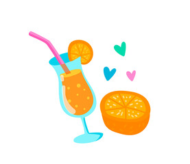 Orange cocktail and piece of fresh fruit. Summer vacation. Illustration in cartoon sticker design