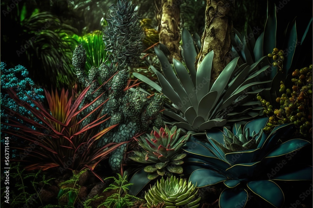 Poster  a bunch of plants that are in the grass together in the forest with trees in the background and a few bushes in the foreground with blue flowers in the foreground, and a. , AI Generative AI