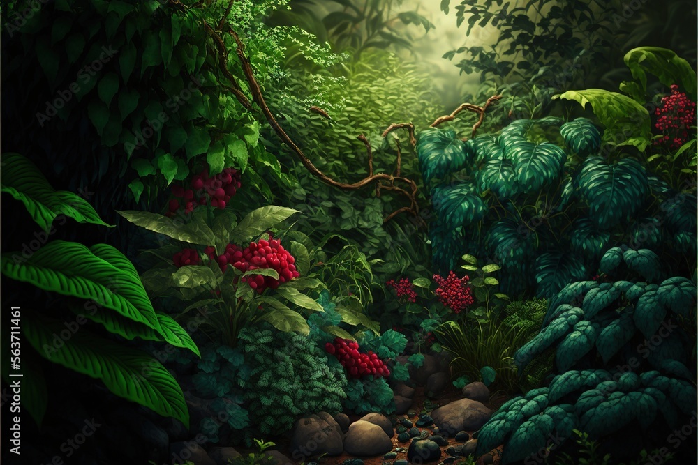 Poster a painting of a jungle with lots of plants and rocks and rocks on the ground and a stream running th