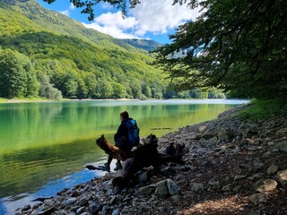 Tourists sitting on a stump near biograd lake - Biogradska Gora National Park - Montenegro - Summer