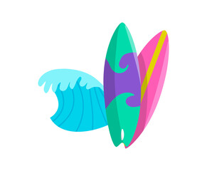 Colorful surfboards and high wave of ocean. Summertime rest. Illustration in cartoon sticker design