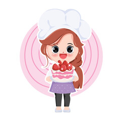 Cute chef with cake and pink background. Clipart cartoon vector character.
