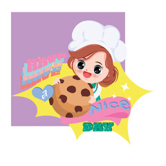 Cute chef with cake and colorful background style y2k. Clipart cartoon vector character.
