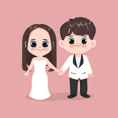 Obraz na płótnie Canvas Bride And Groom cute cartoon chibi character, Love, Relationship, Sweetheart, Engagement, Valentine's Day. Wedding character