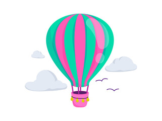 Fototapeta premium Striped hot air balloon flying in sky. Air transport for entertainment. Illustration in cartoon sticker design
