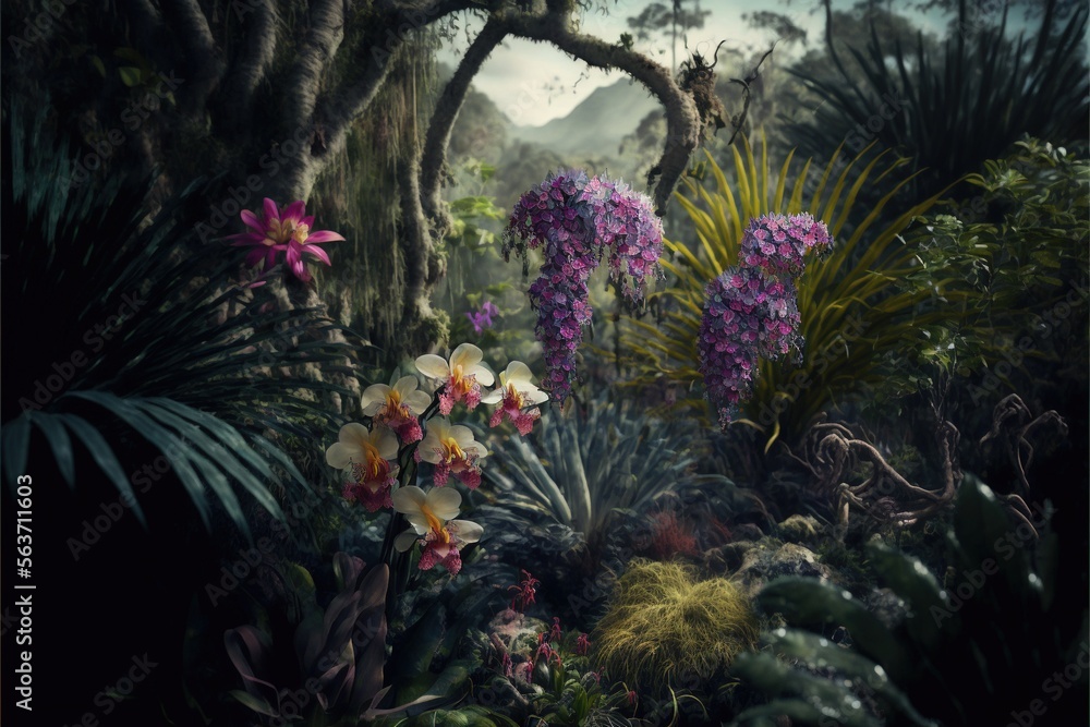 Poster a painting of a forest with flowers and trees in it and a mountain in the background with clouds in 