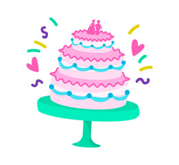Wedding pink cake with figurines of bride and groom at ceremony. Illustration in cartoon sticker design