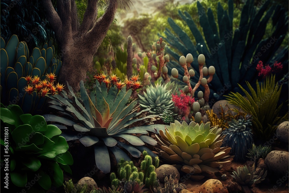 Poster  a painting of a garden with cacti and succulents and trees in the background and a sky background with clouds and a few clouds above it, with a few clouds. , AI Generative AI