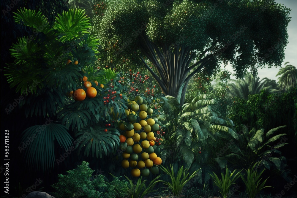 Poster a painting of a tropical scene with oranges hanging from a tree in the foreground and a jungle in th