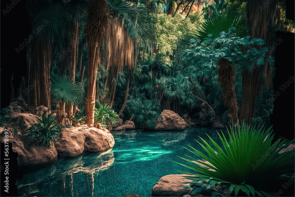 Aufkleber a pond surrounded by palm trees and rocks in a forest setting with a waterfall in the middle of the 