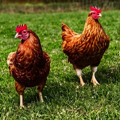 Fototapeta premium (Created With AI) Two chickens standing on a grass field