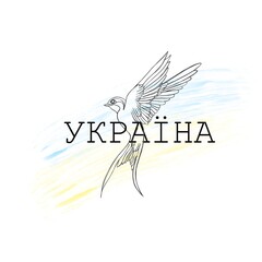 Stop the war in Ukraine. Ukrainian yellow-blue flag and swallow. Glory to Ukraine - patriotic line art tattoo