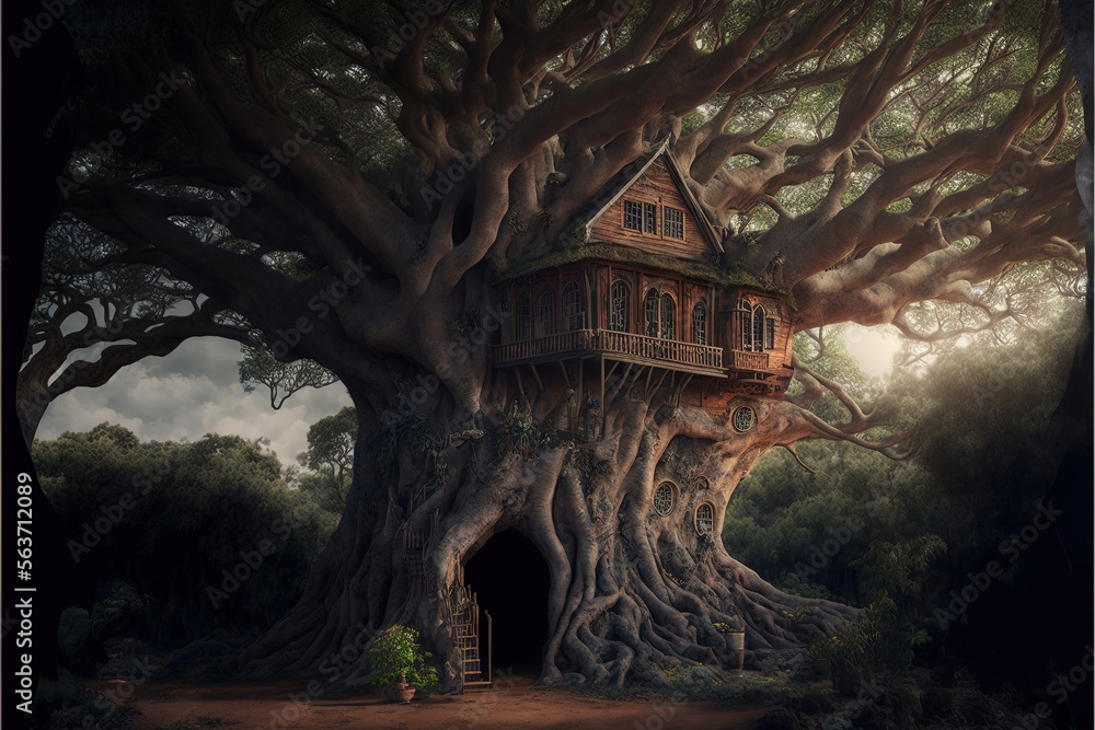 Poster a tree house built into the trunk of a large tree trunk in a forest with a ladder leading to it and 