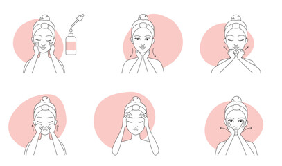 Facial massage line icons set vector illustration. Instructions and guide of skin care and beauty treatment routine of female character, abstract sketches of detox lifting massage for girls face