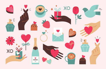 Set of vector elements with multiethnic hands for Valentine's day design.