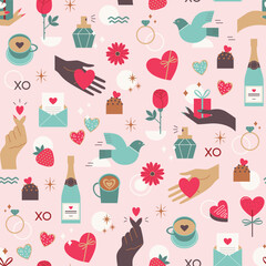 Vector seamless Valentine's day pattern with multiethnic hands, hearts, love letters, gifts, sweets and  love symbols on pink background.