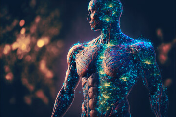 Human body made of energy, light and synthetic material, concept image for artifical intelligence and cyborgs