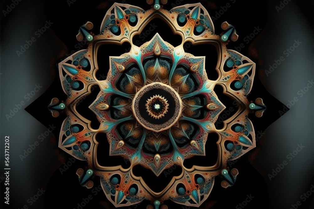 Poster a colorful, intricate design with a black background and a blue center in the middle of the image is
