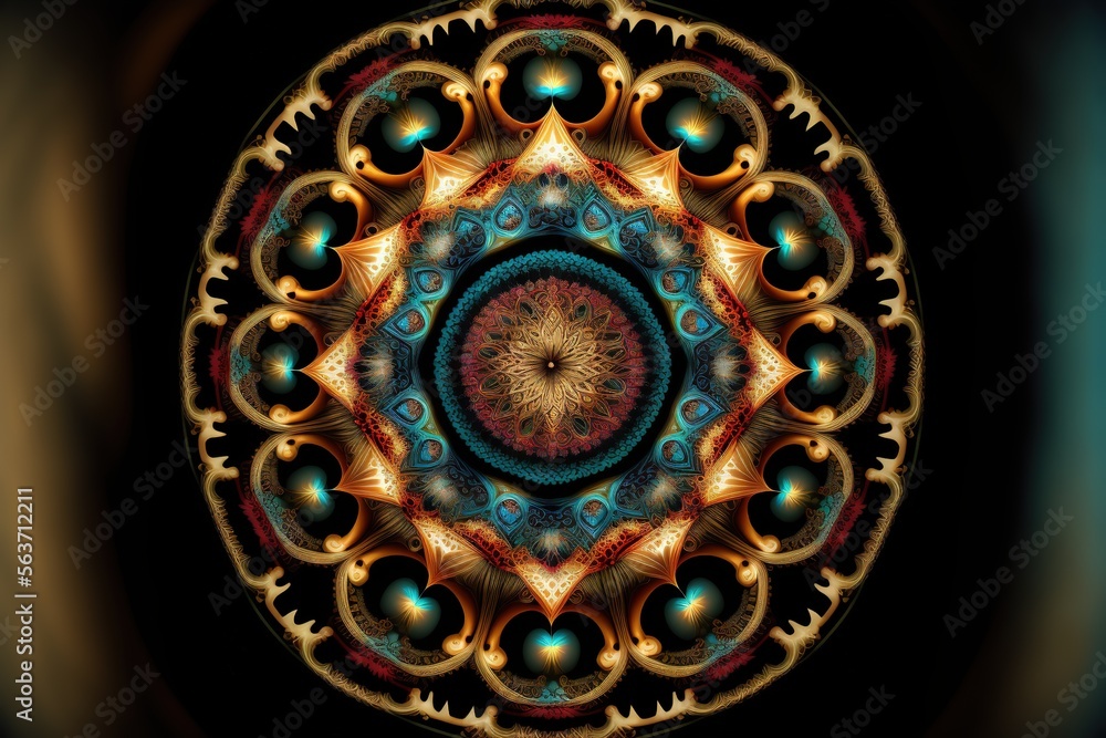 Poster a colorful circular design with a black background and a gold and blue center and a black background