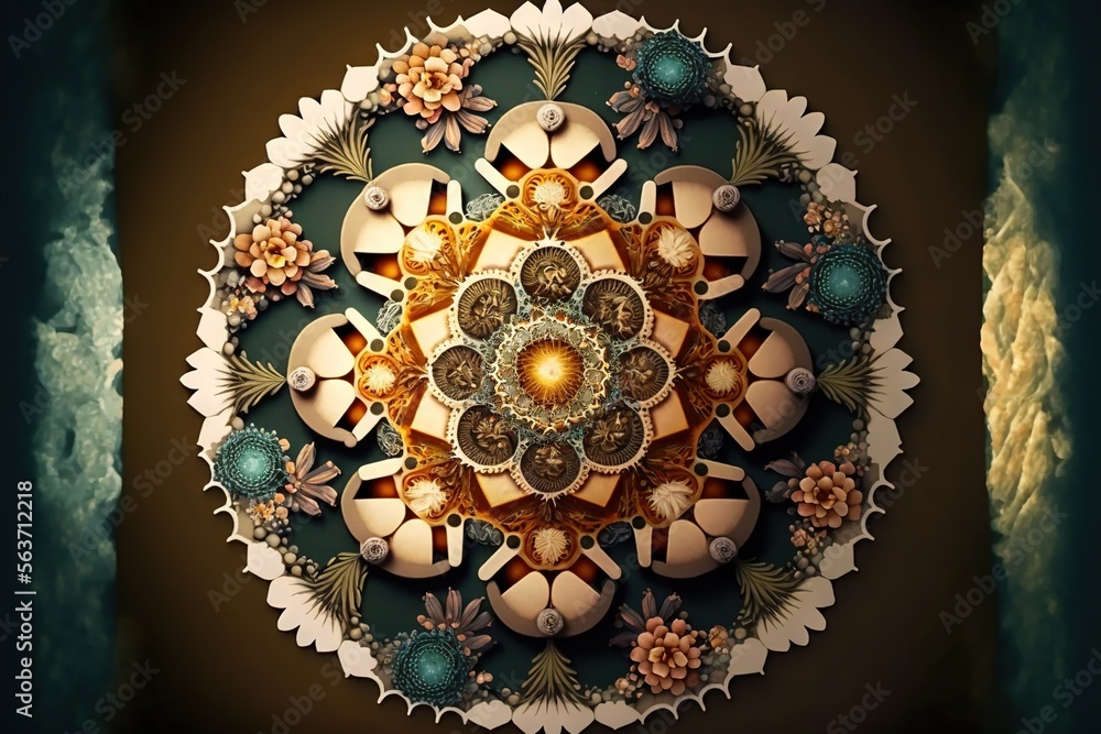 Poster a circular picture of a table with a flower design on it and a gold and blue design on the top of th