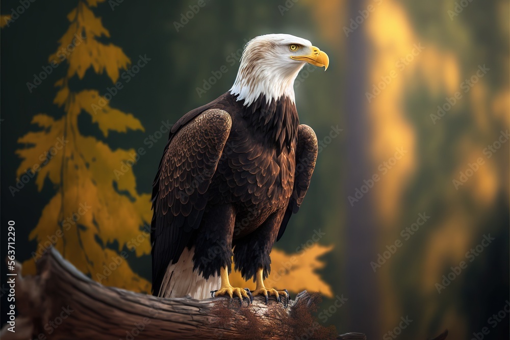 Poster  a bald eagle sitting on a log in a forest with yellow leaves and a dark background with a yellow and brown tree branch with yellow leaves and yellow leaves on the Generative AI